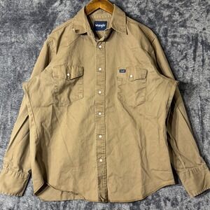Vintage Wrangler Pearl Snap Shirt Long Sleeve Tan Large Twill Western Cowboy